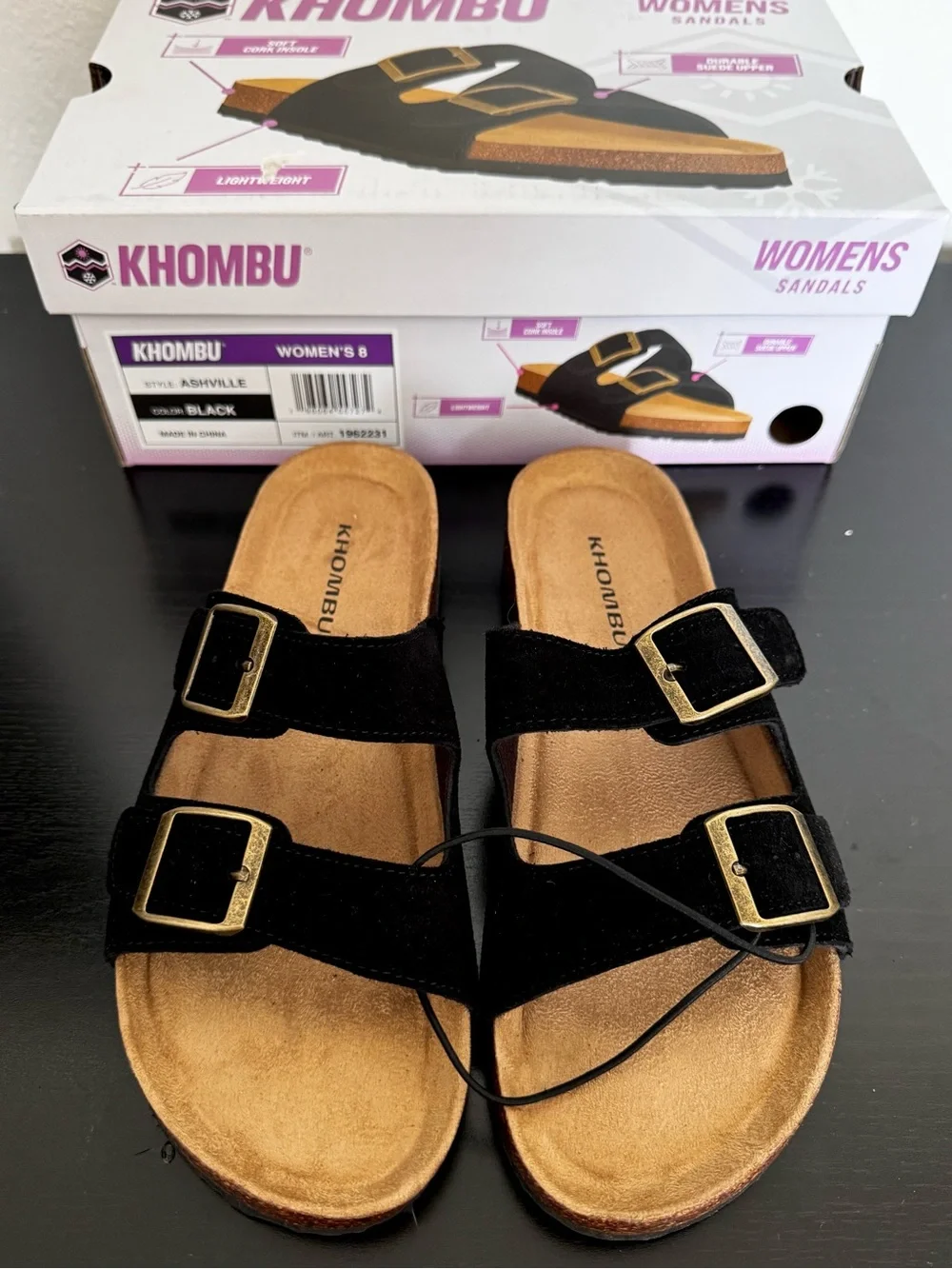 Khombu Women's Black Slide Sandals with Gold Buckles